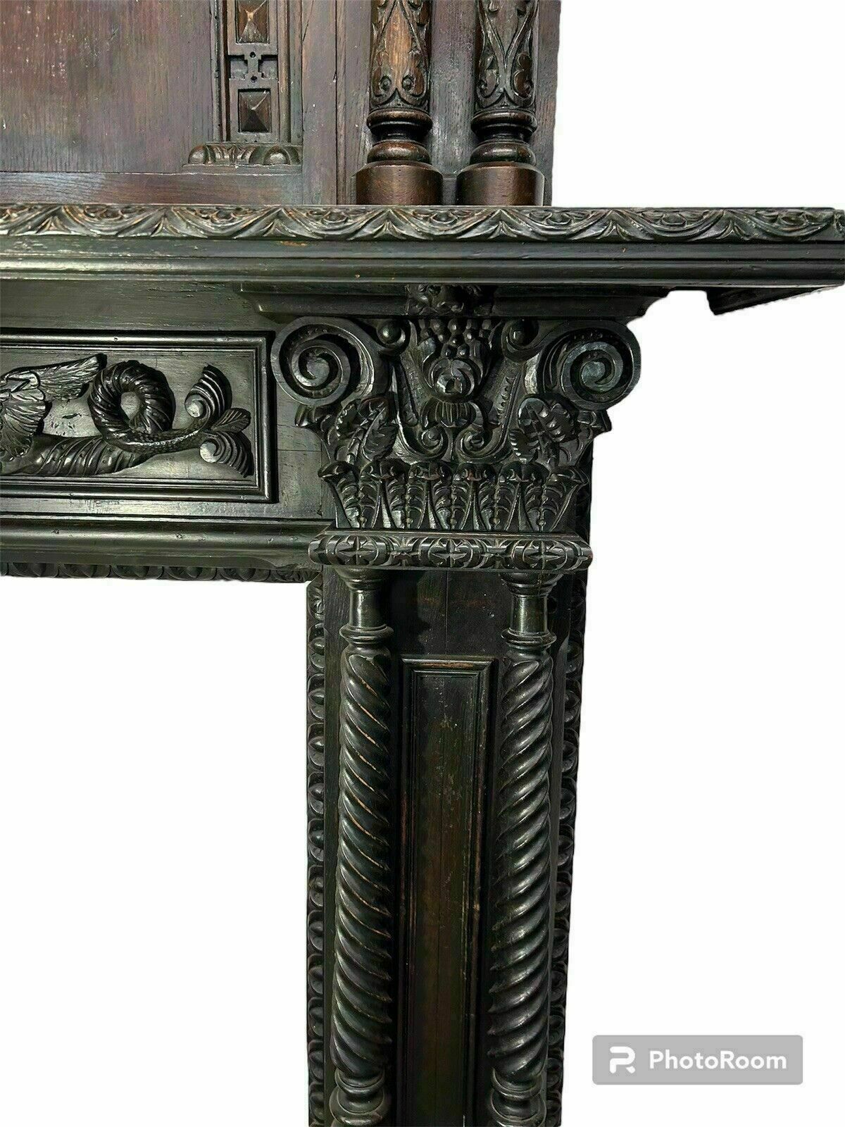 Solid Oak Carved Antique Fireplace Surround Period Wood Overmantel Reclaimed photo vintage