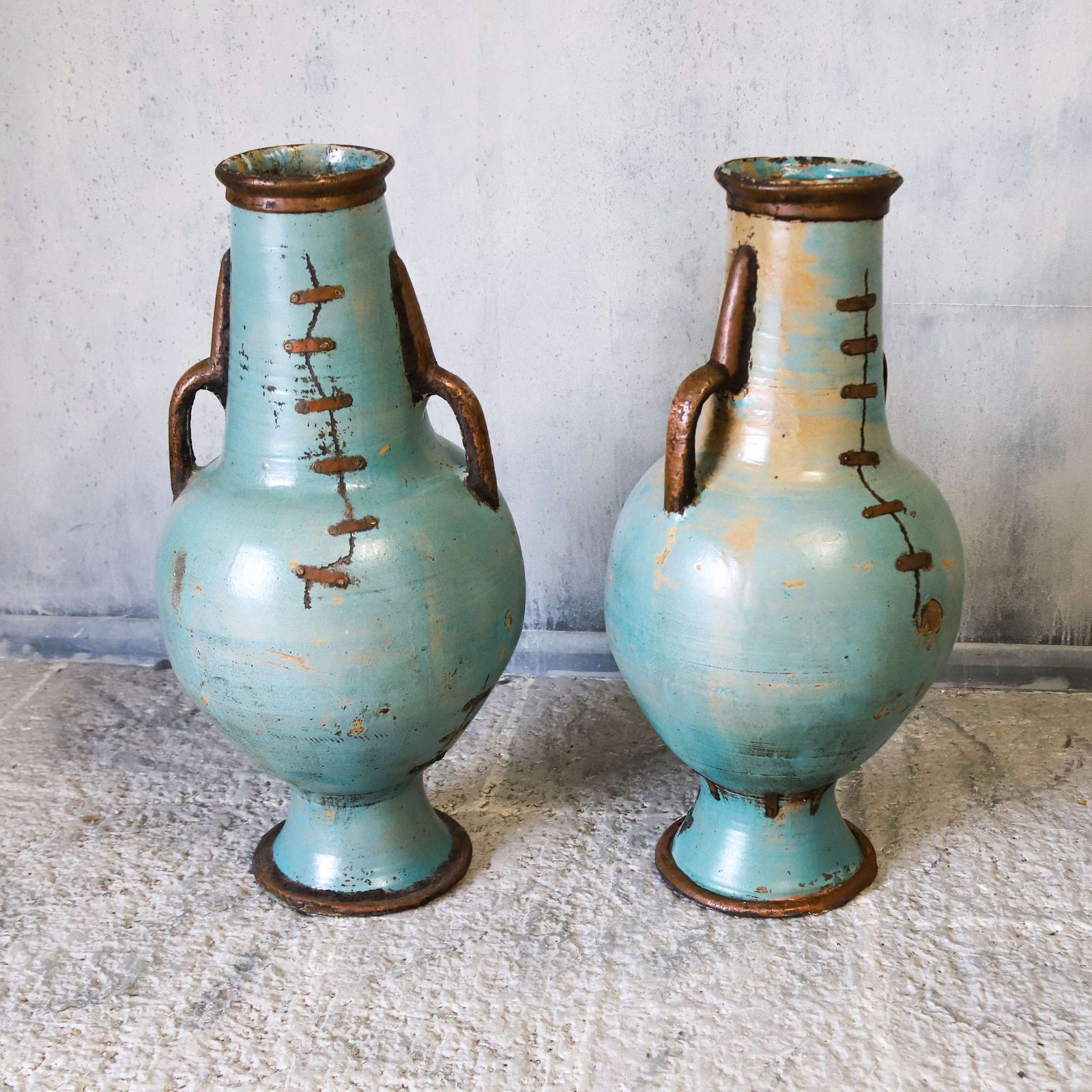 photo furniture 2 X French Artisan Vases With Turquoise Ceramique And Copperised Glaze