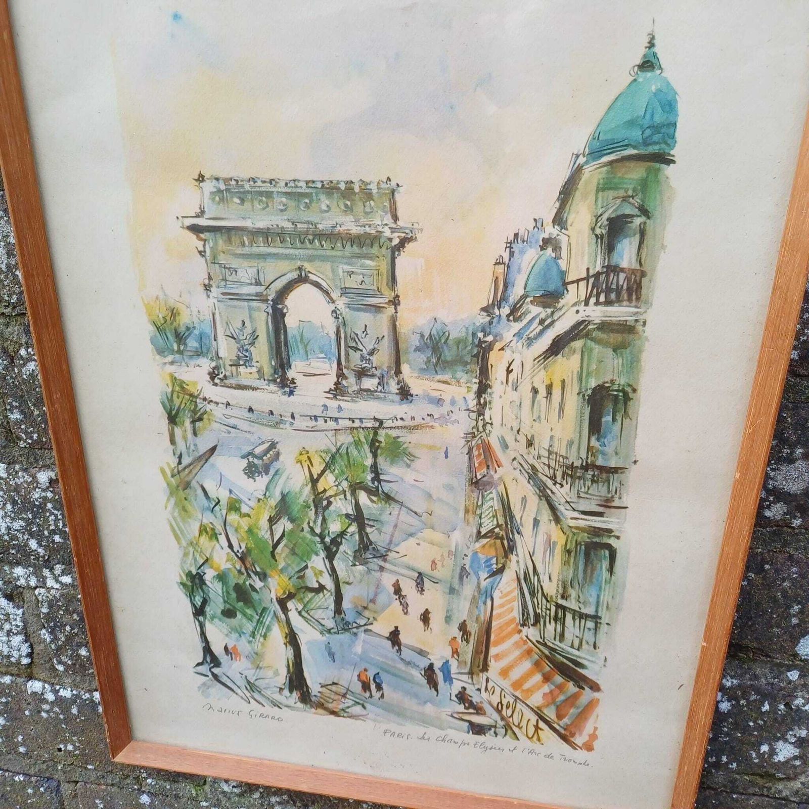 Retro Print Of Marius Girard Paris Water Colour   Mid Century Retro Painting, Vintage Frame Les Champs Elysees Arc De Triomphe (46cm X 33cm)