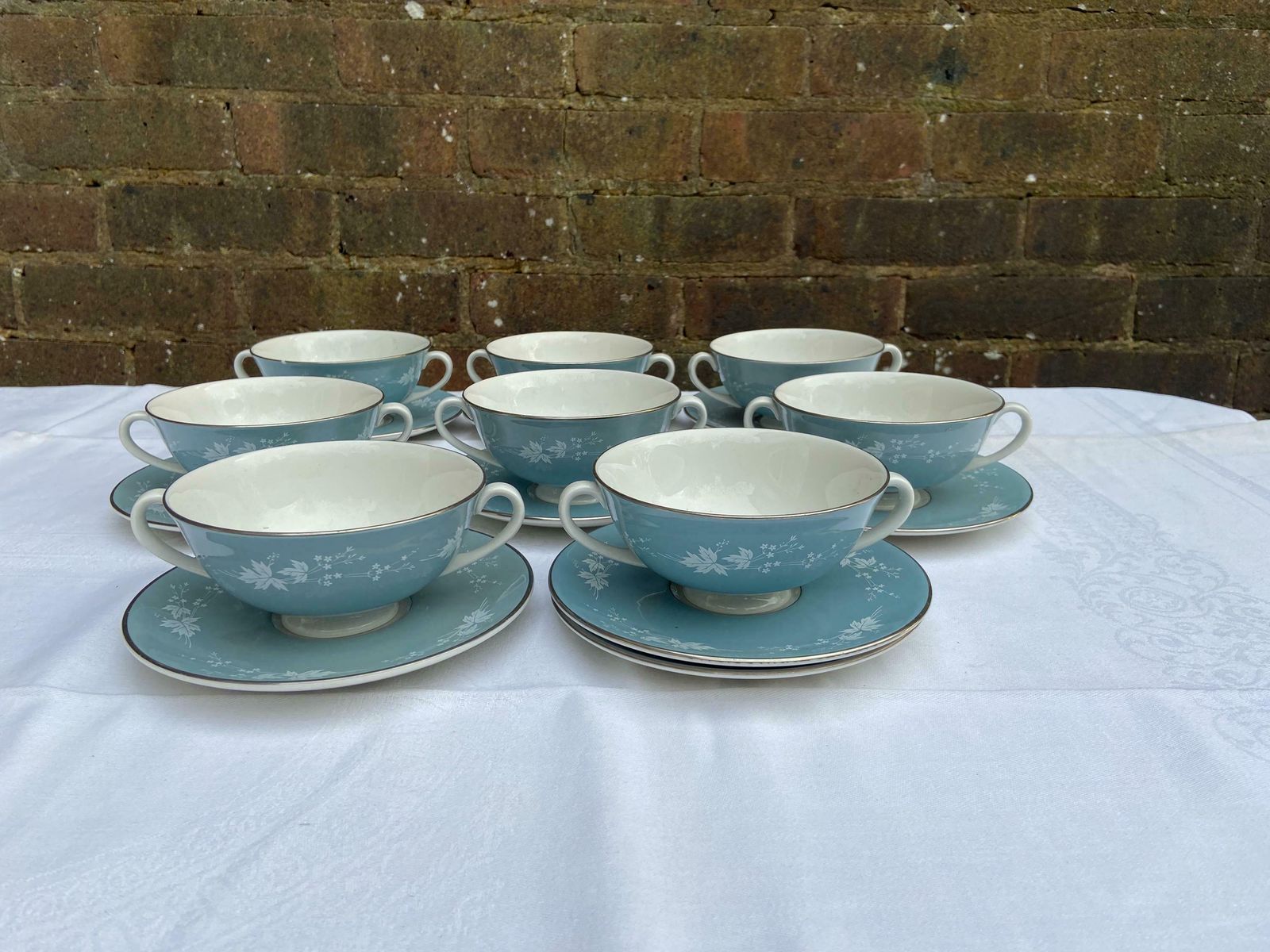 Mid Century Reflection Royal Doulton Dinner Service   83 Pieces   Vgc   Blue Grey Floral Pattern With White photo vintage