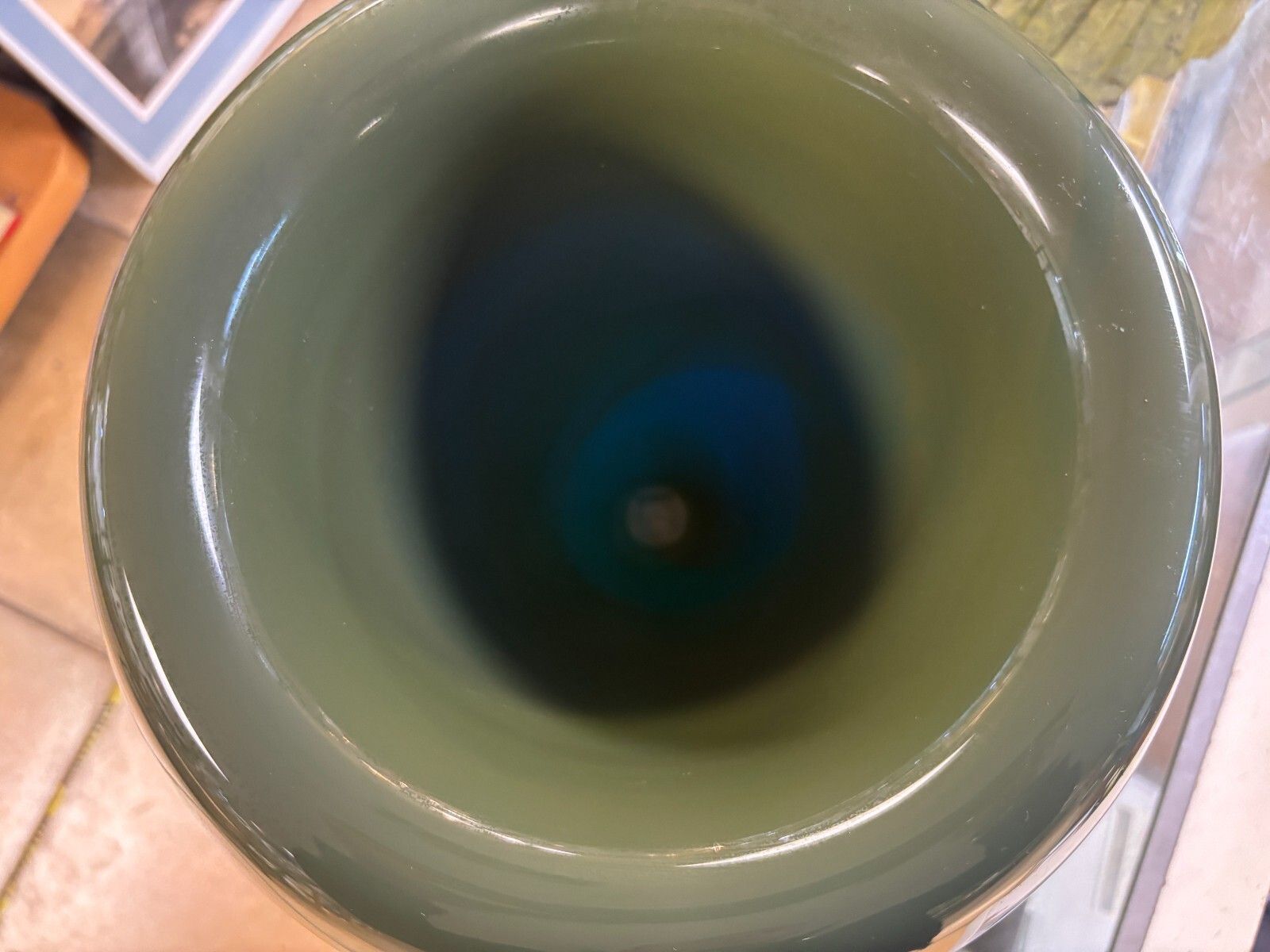 Unusual Large Hand Blown Blue & Green Glass Vase With Clear Base photo vintage