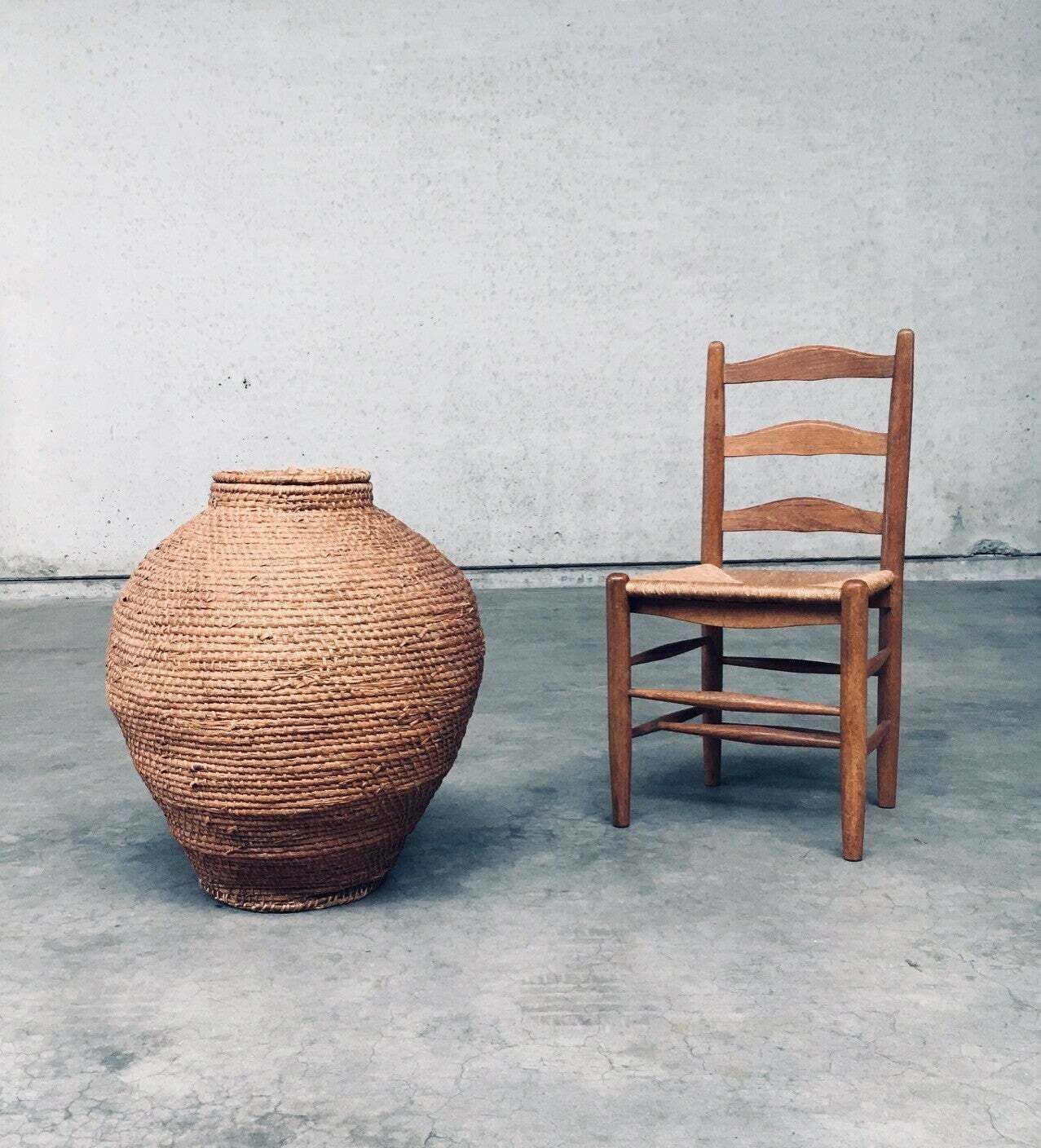 Begin 20e Eeuw Folk Art Primitieve Xl Straw Basket