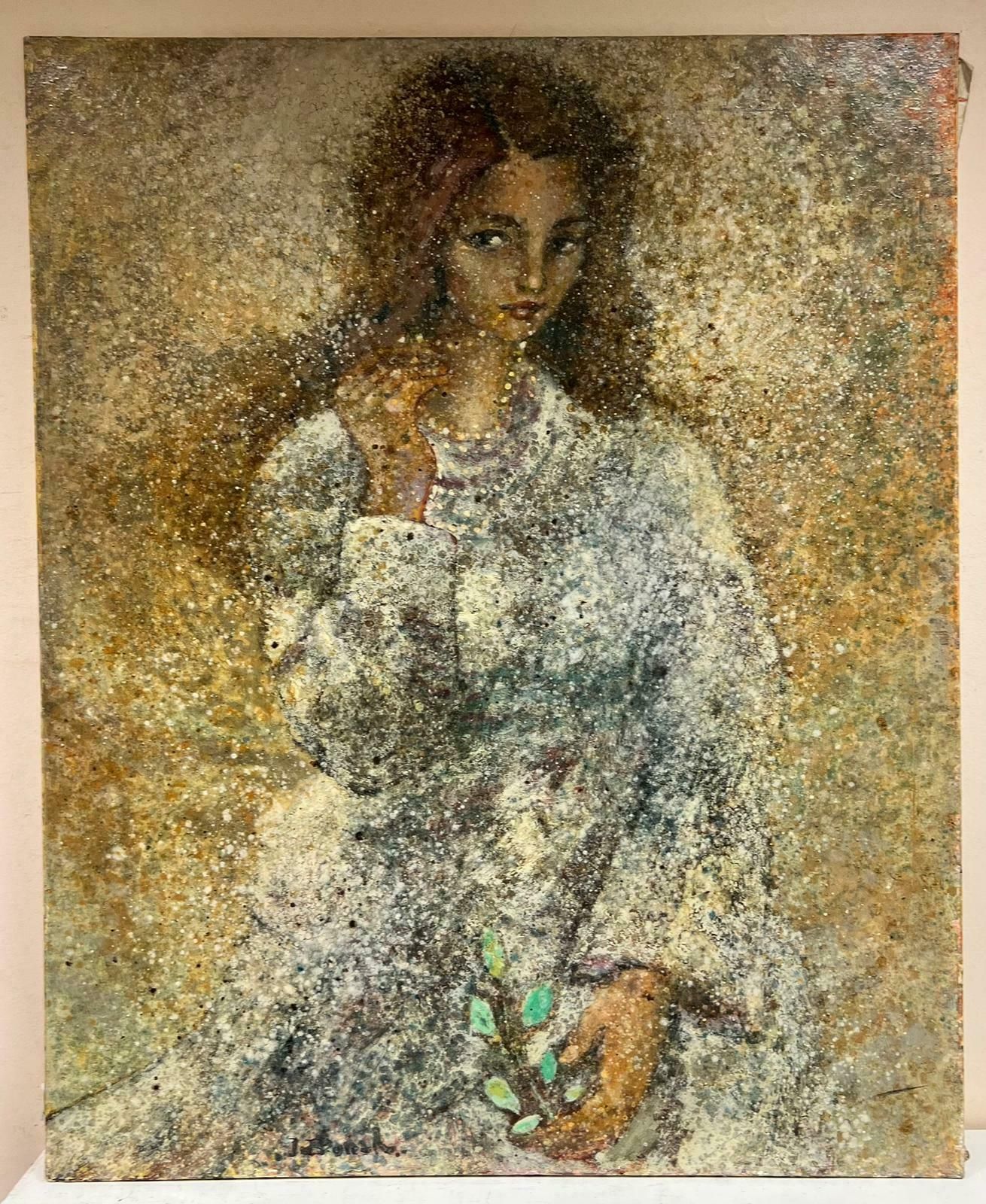 20th Century French Schoolhuge French Modernist Pointillist Signed Painting Girl With Necklace White Dress photo furniture