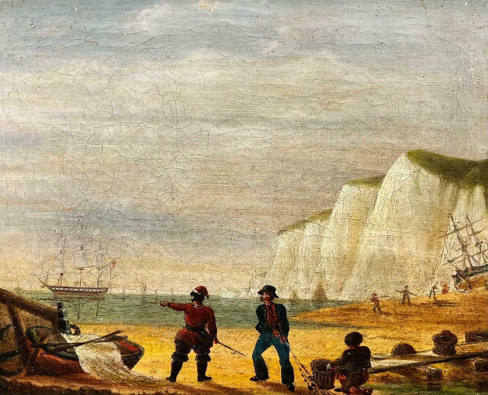 1800's Englishnapoleonic Wars Marine 1800's Oil Painting Soldiers On Beach War Ship At Sea1800