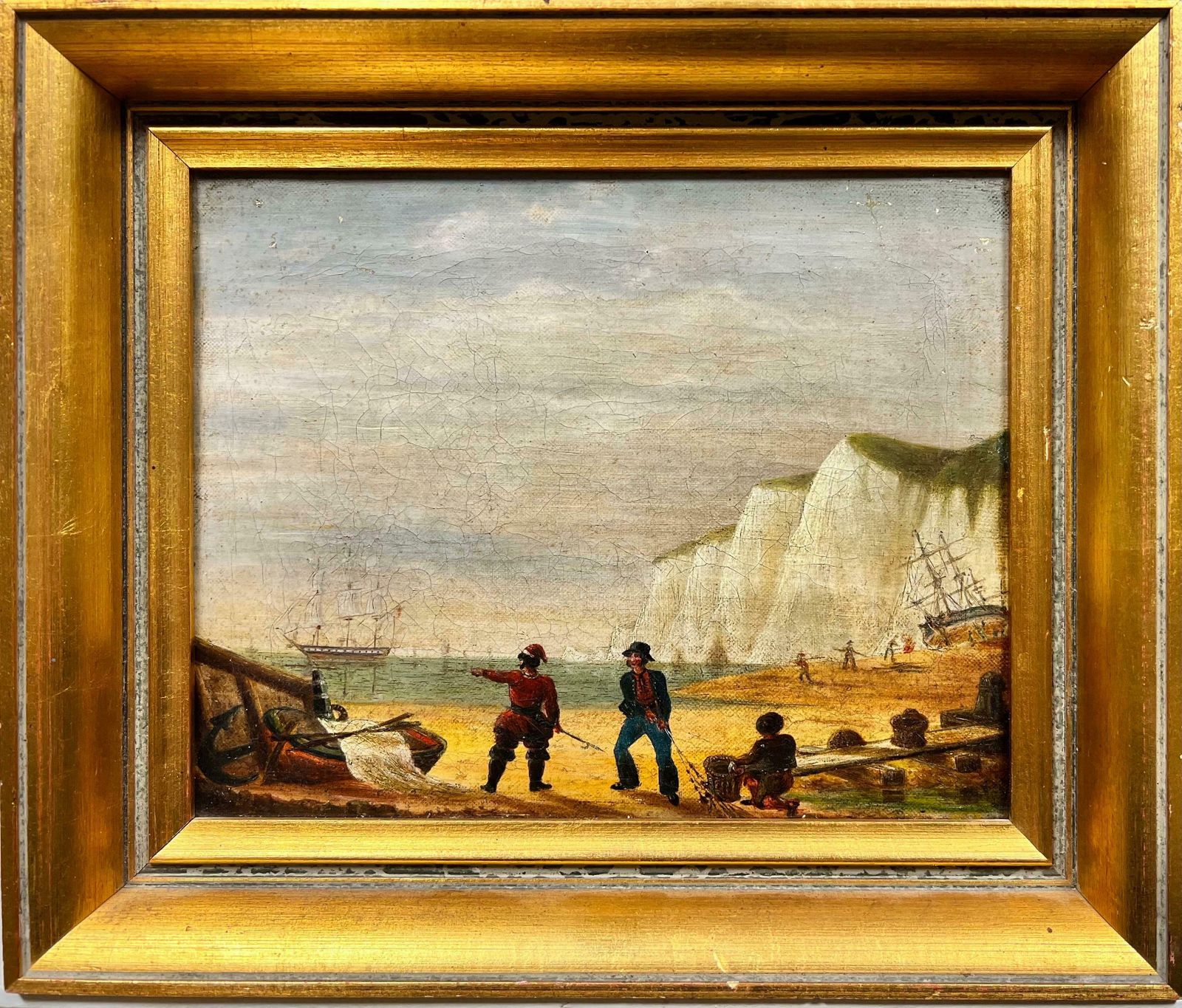 1800's Englishnapoleonic Wars Marine 1800's Oil Painting Soldiers On Beach War Ship At Sea1800 photo furniture