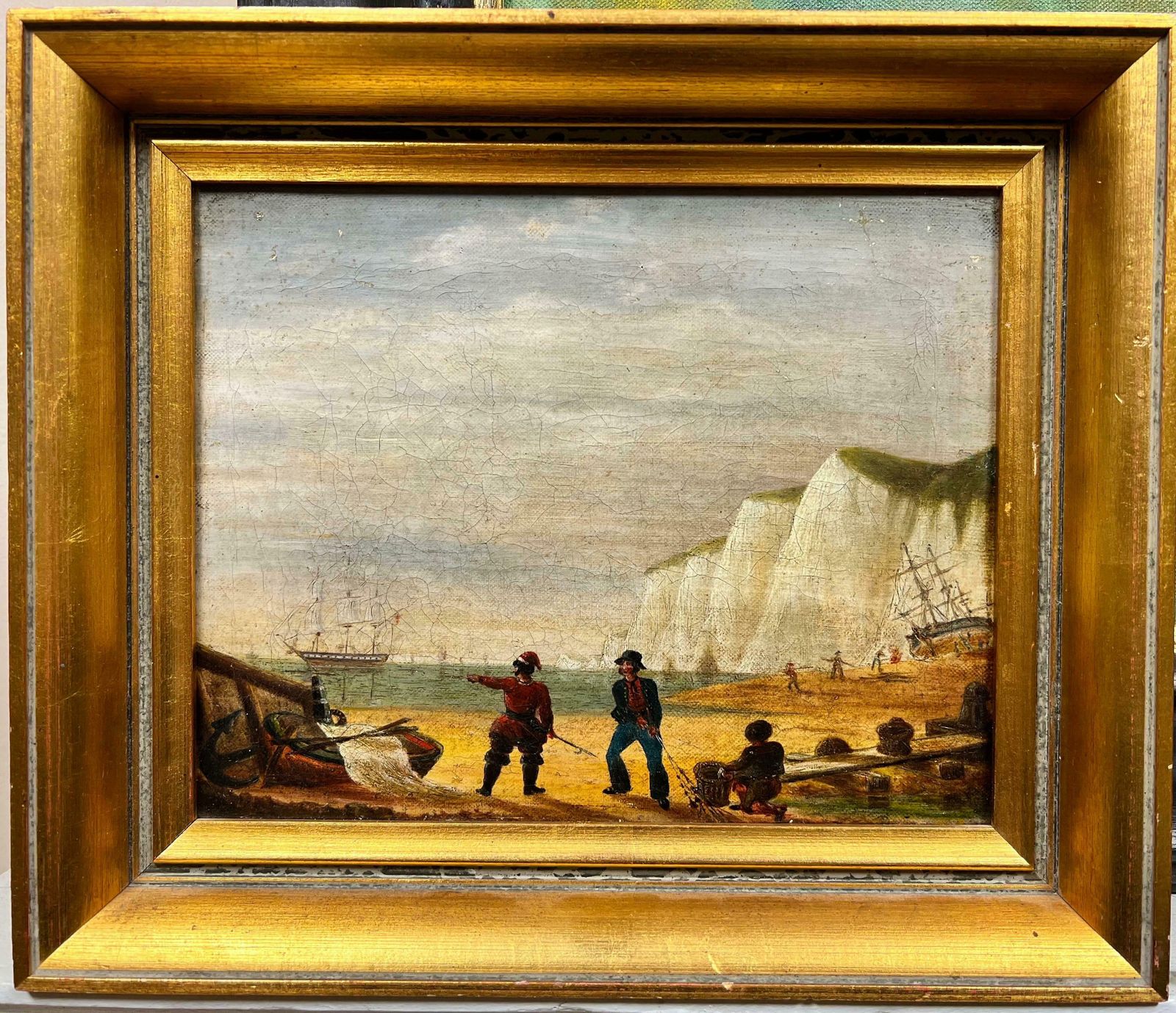 1800's Englishnapoleonic Wars Marine 1800's Oil Painting Soldiers On Beach War Ship At Sea1800 photo for sale