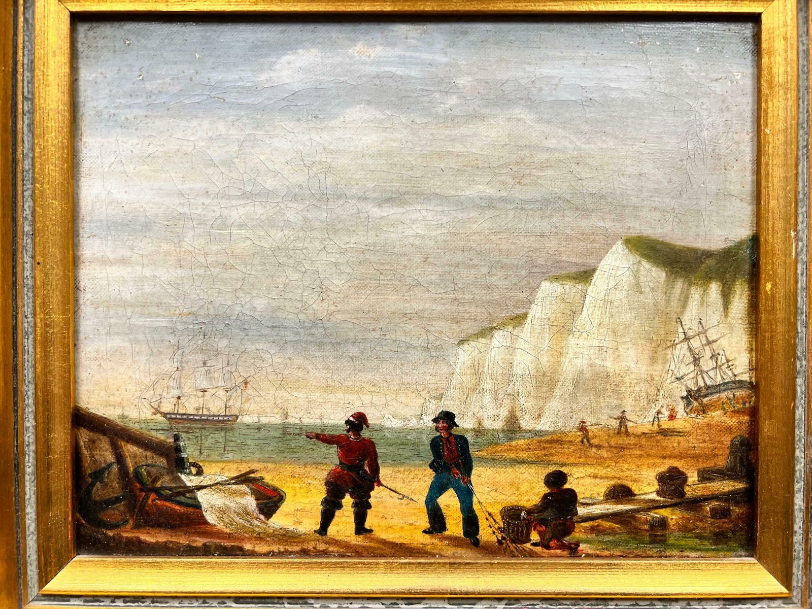 1800's Englishnapoleonic Wars Marine 1800's Oil Painting Soldiers On Beach War Ship At Sea1800 photo Art
