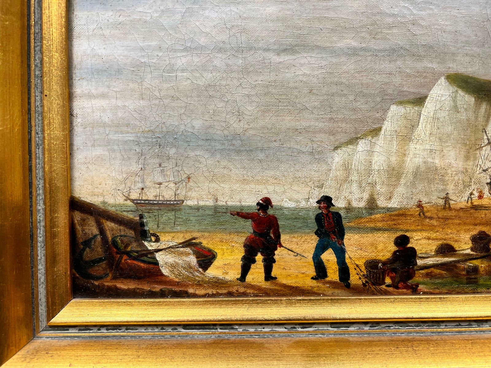 1800's Englishnapoleonic Wars Marine 1800's Oil Painting Soldiers On Beach War Ship At Sea1800 photo vinterior