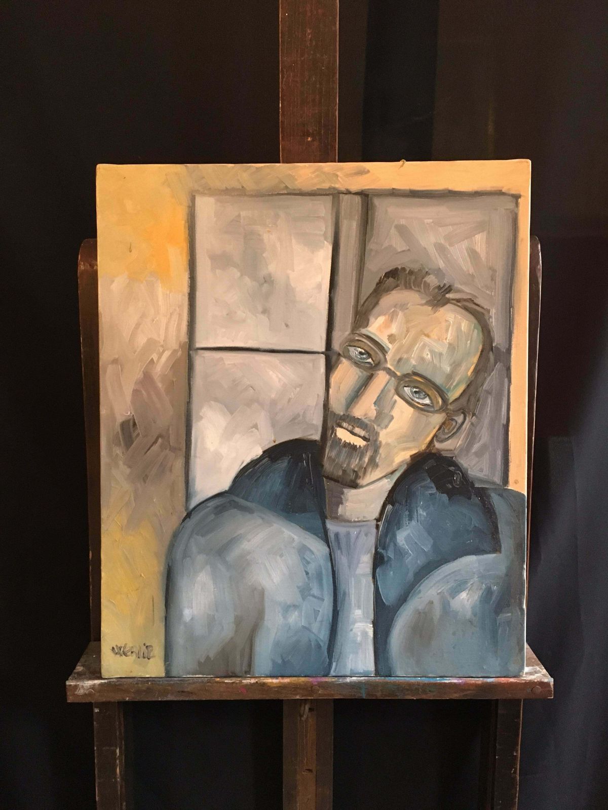 Beatrice Werliestylish Man In Glasses, Portrait, Blue Colour , Original Oil Painting C.2000 photo furniture