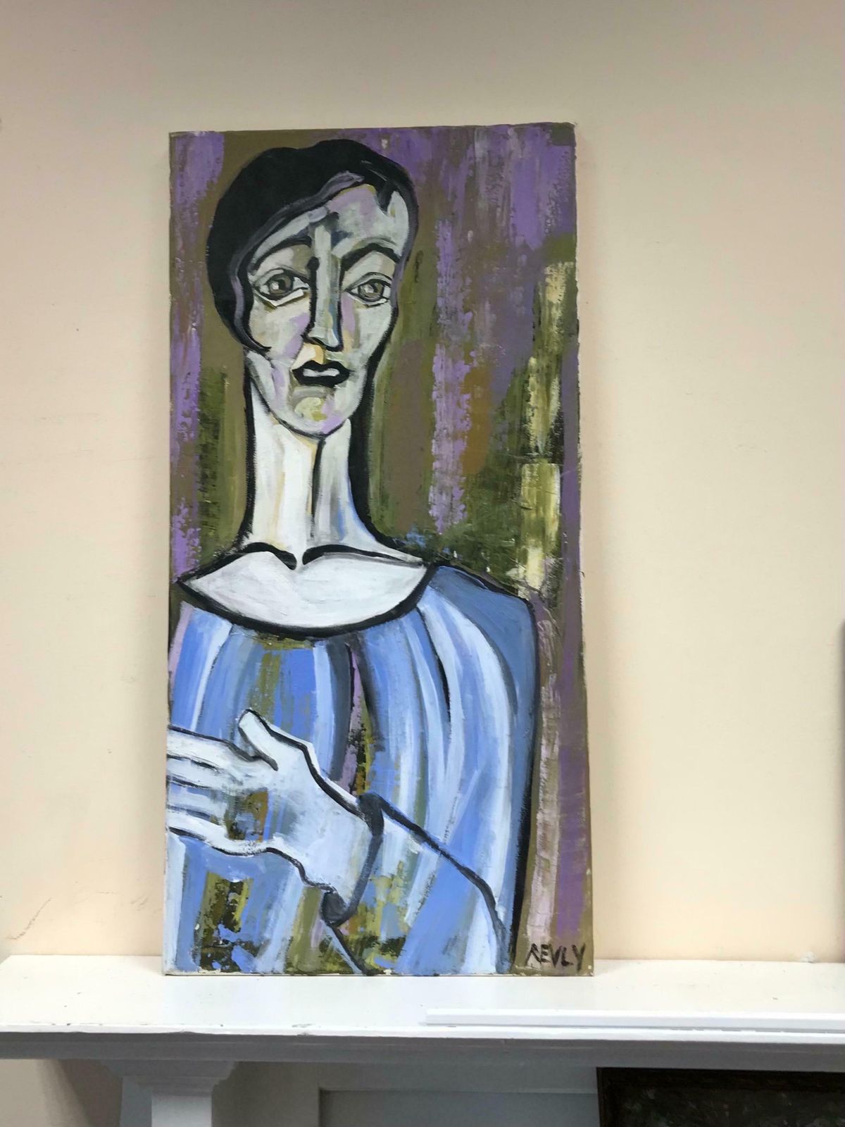 French Schoolabstract Contemporary French Oil Painting   Portrait Of A Figure In Blue, Signed photo furniture