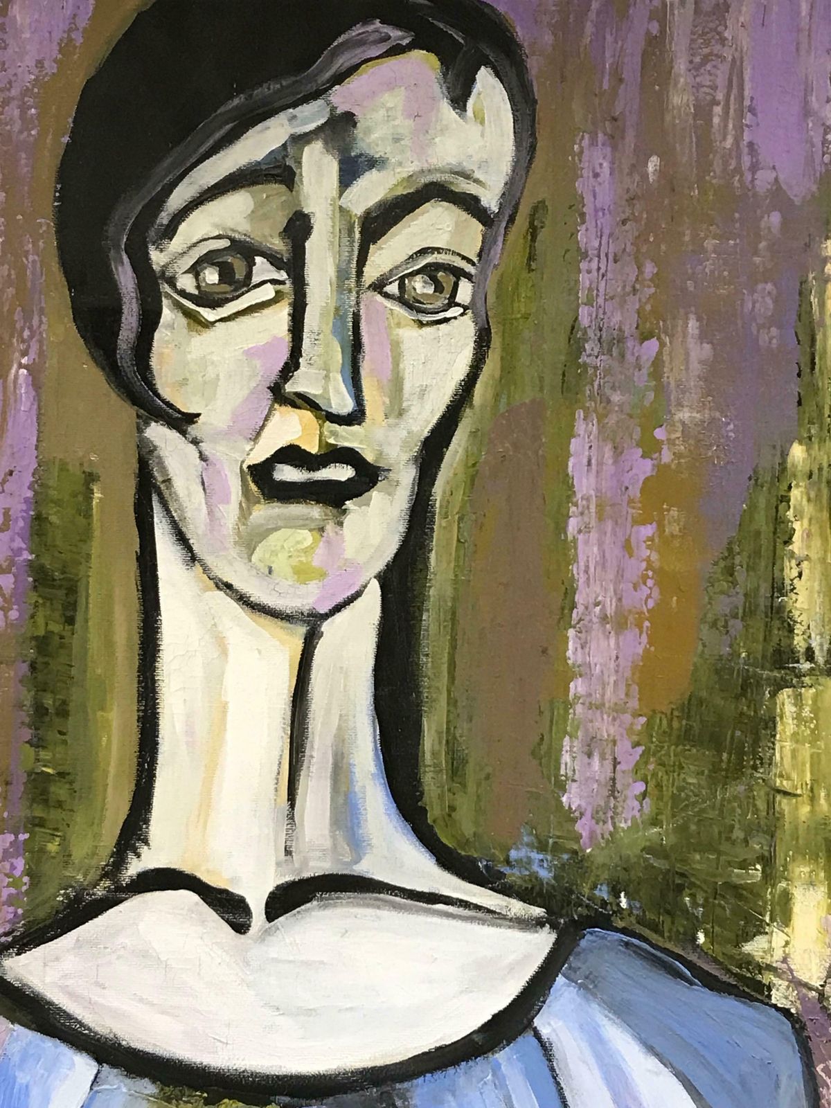 French Schoolabstract Contemporary French Oil Painting   Portrait Of A Figure In Blue, Signed photo for sale