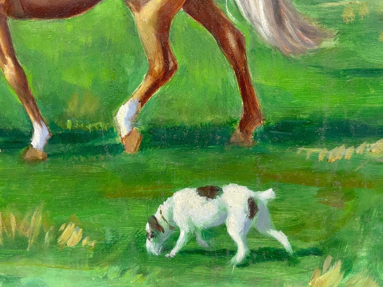 English Sporting Art1950's English Oil Mother & Daughter Horse Riding Lesson & Two Jack Russel Dogs1950's photo for sale