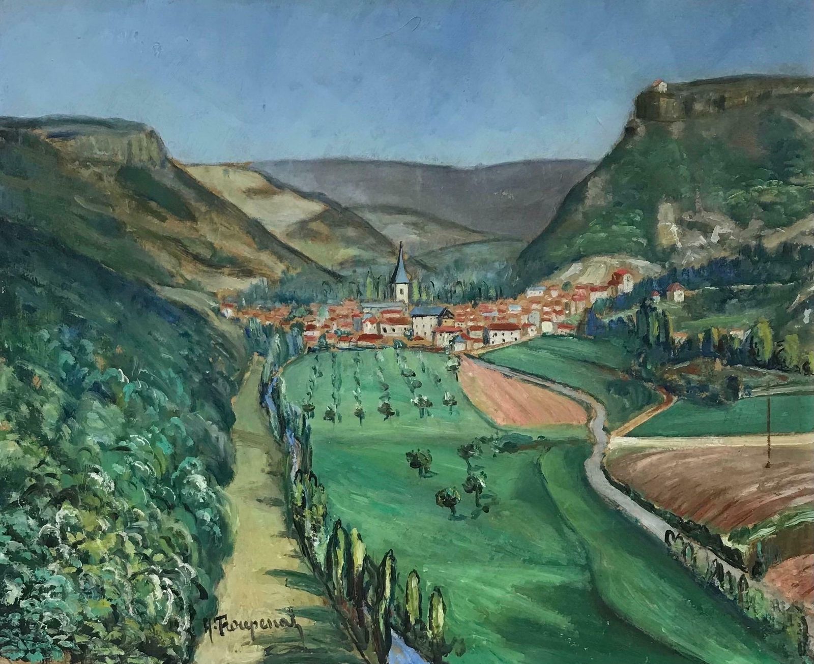 French Mid 20th1950's French Village Houses In Lush Green Valley Landscape, Signed Oil Paintingc. 1950's