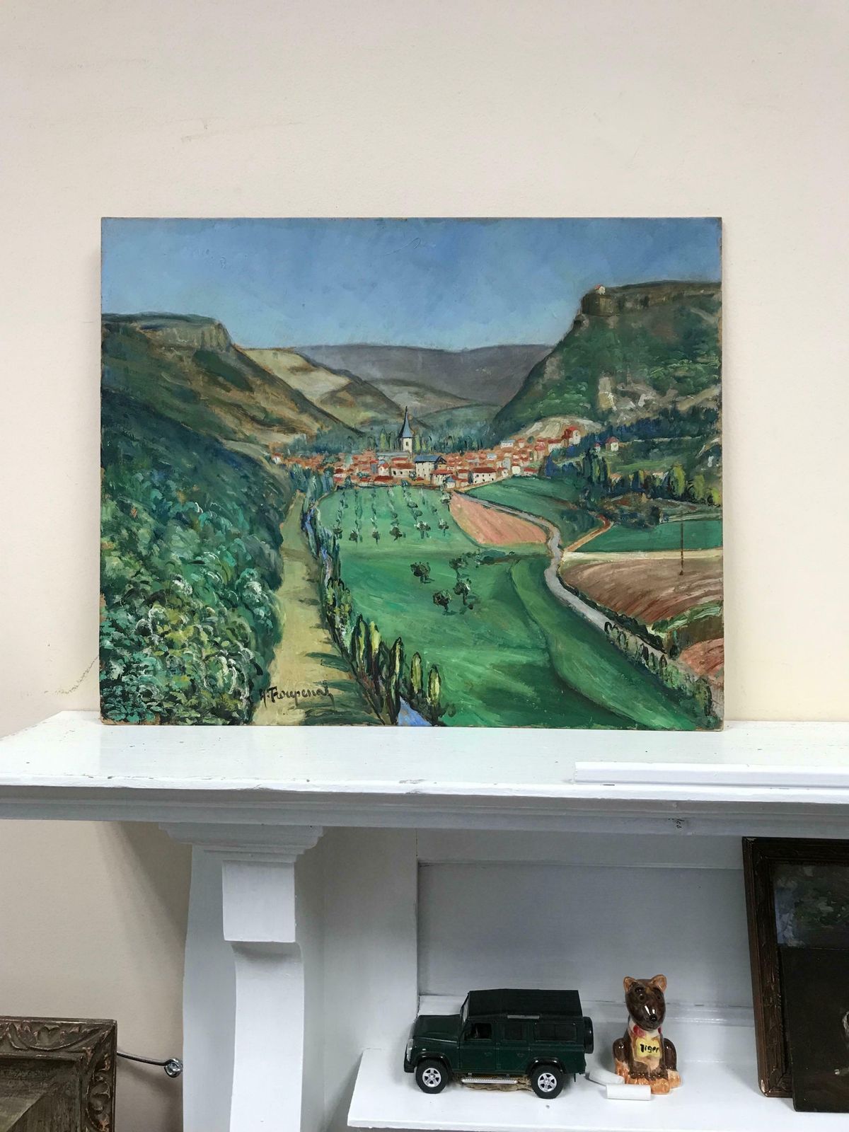 French Mid 20th1950's French Village Houses In Lush Green Valley Landscape, Signed Oil Paintingc. 1950's photo furniture