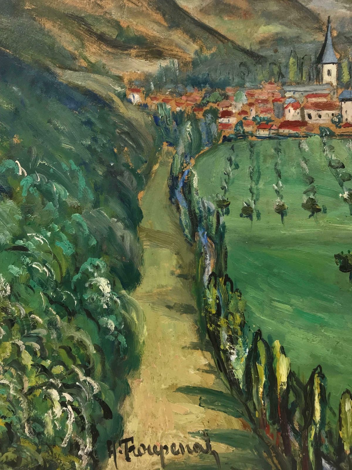 French Mid 20th1950's French Village Houses In Lush Green Valley Landscape, Signed Oil Paintingc. 1950's photo 765.0