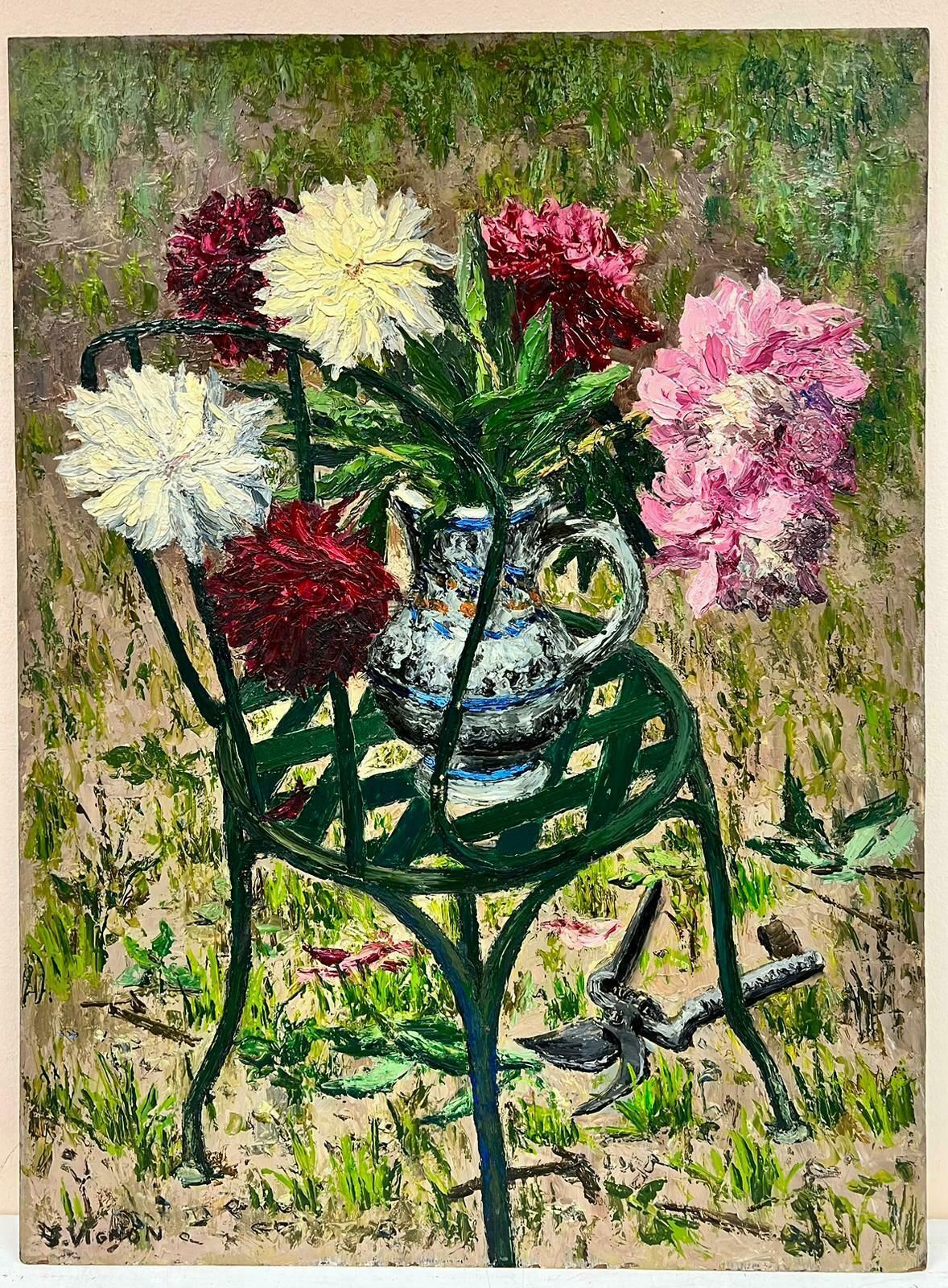 Josine Vignoncolor Bursting Flowers In A Vase Resting On A Green Garden Chair Thick Oil 1960's photo furniture