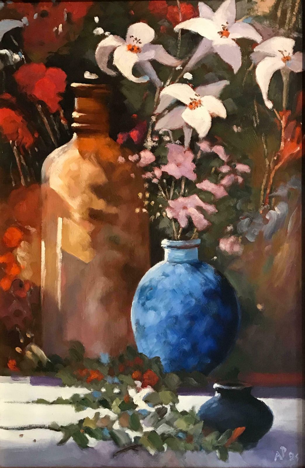 Arthur Passbritish Still Life Lilies And Blue Vase, Signed Oilc. 1995