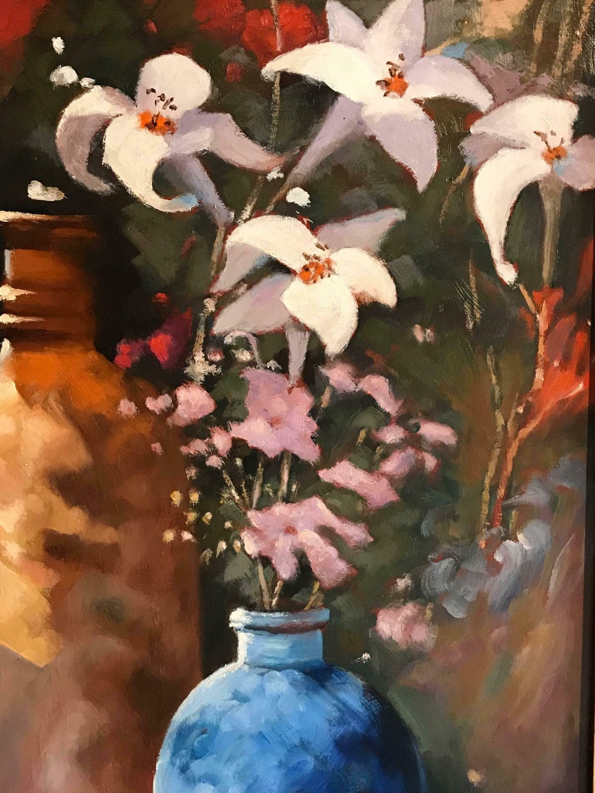 Arthur Passbritish Still Life Lilies And Blue Vase, Signed Oilc. 1995 photo Art