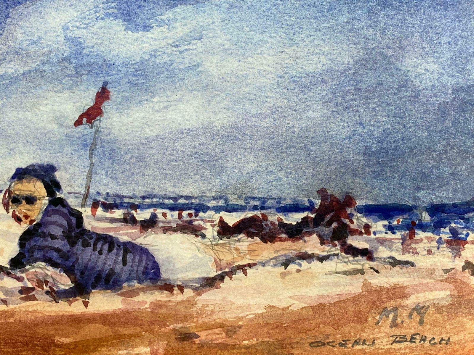 Maurice Mazeiliefrench Impressionist Signed Watercolour   Sun Bathers Landscape photo Art