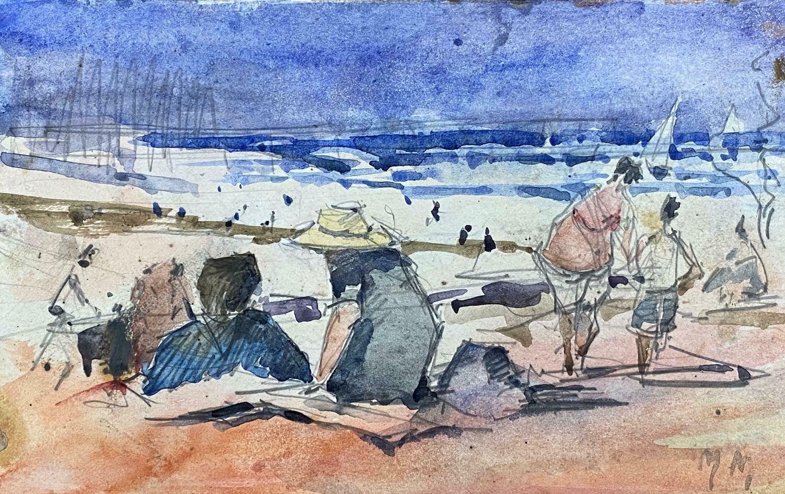 Maurice Mazeiliefrench Impressionist Signed Watercolour   Figures On Bright Beach