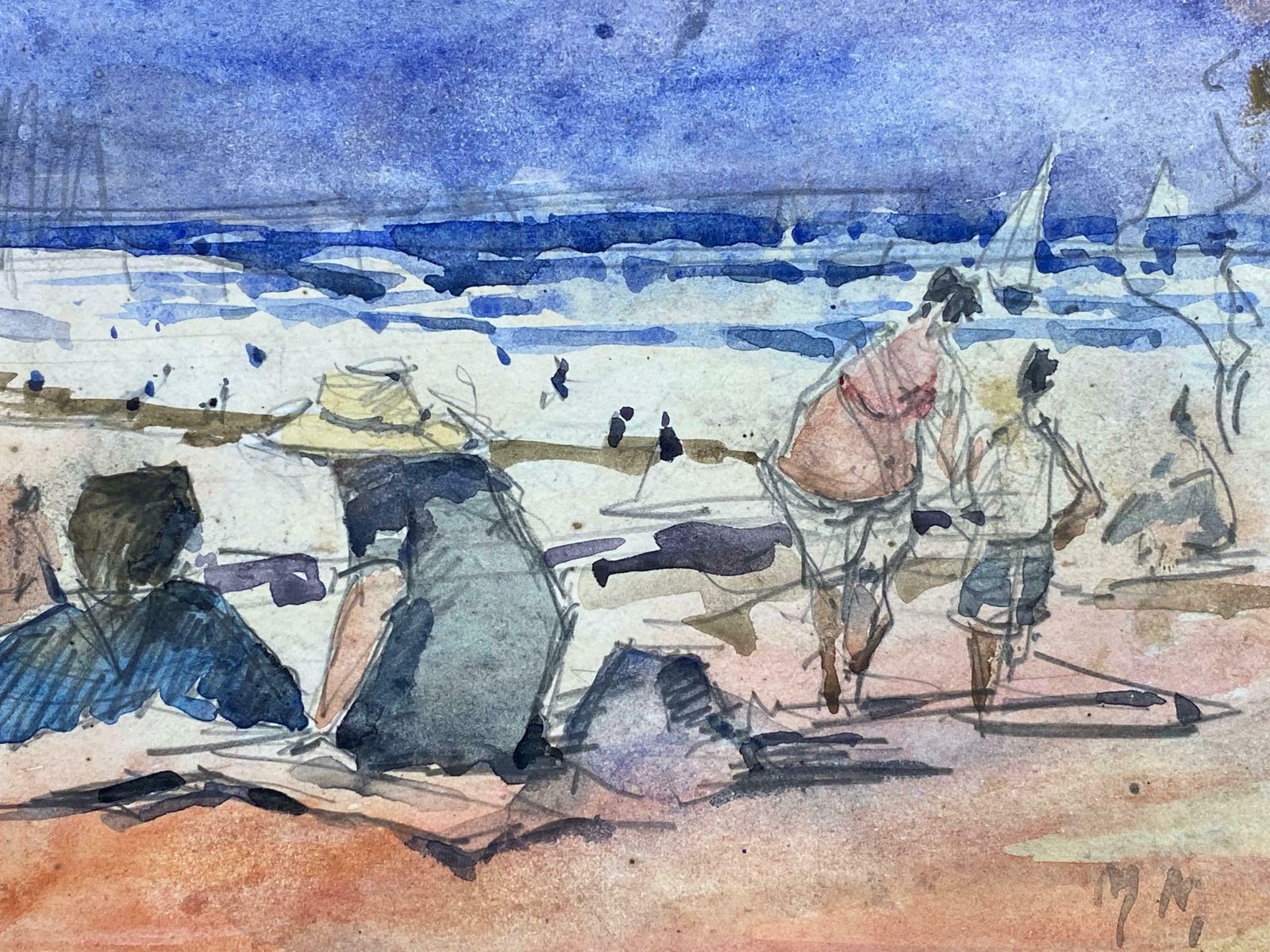 Maurice Mazeiliefrench Impressionist Signed Watercolour   Figures On Bright Beach photo furniture