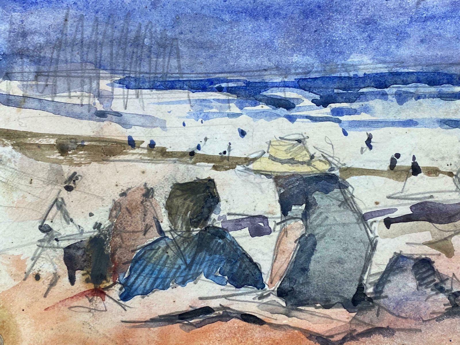 Maurice Mazeiliefrench Impressionist Signed Watercolour   Figures On Bright Beach photo for sale