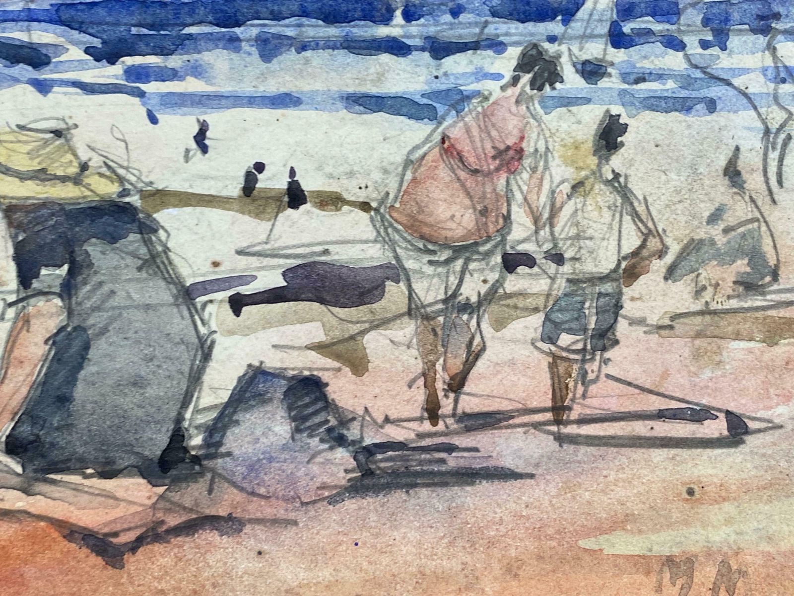 Maurice Mazeiliefrench Impressionist Signed Watercolour   Figures On Bright Beach photo Art