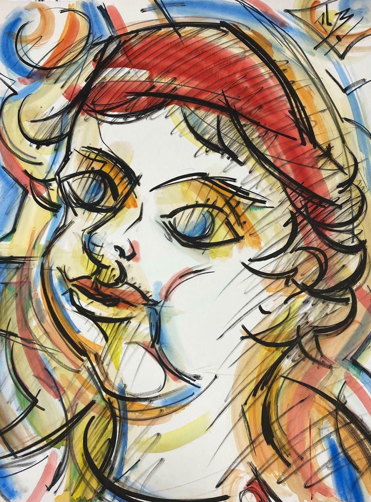 Paul Louis Bolot (French 1918 2003)french Modernist Painting Red, Blue And Yellow Portrait Of Young Boy 20th Century (1971) photo furniture