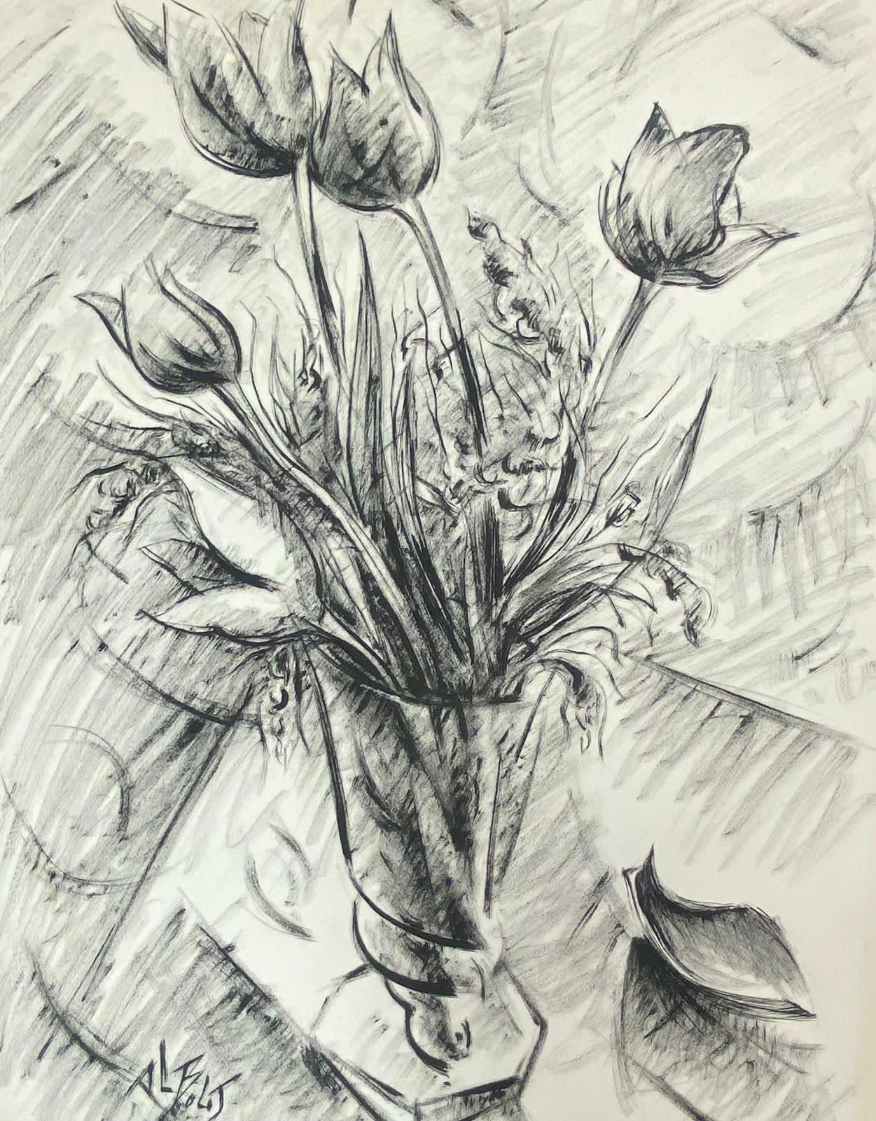 Paul Louis Bolot (French 1918 2003)20th Century French Modernist Monochrome Painting Of Tulips In A Vase 20th Century