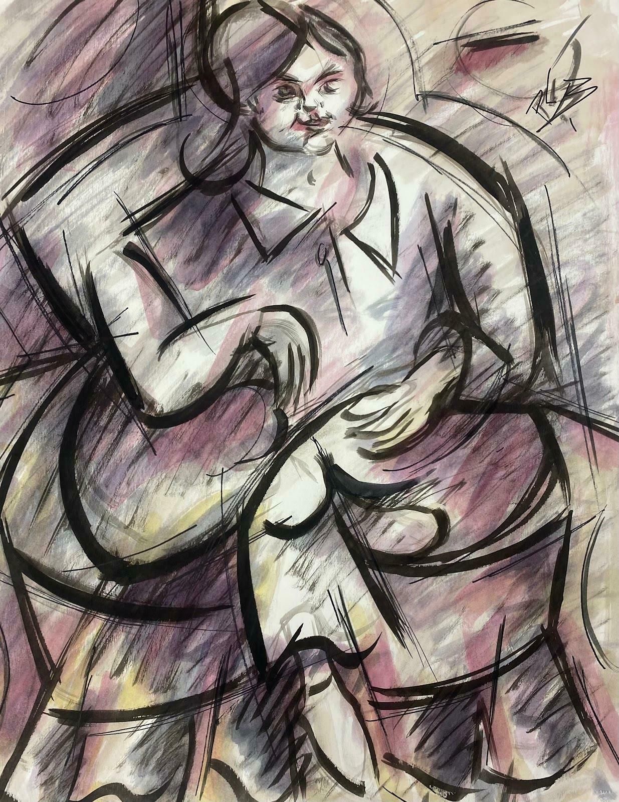 Paul Louis Bolot (French 1918 2003)20th Century French Modernist Purple And Black Portrait Of A Lady In Armchair 20th Century (1972) photo for sale