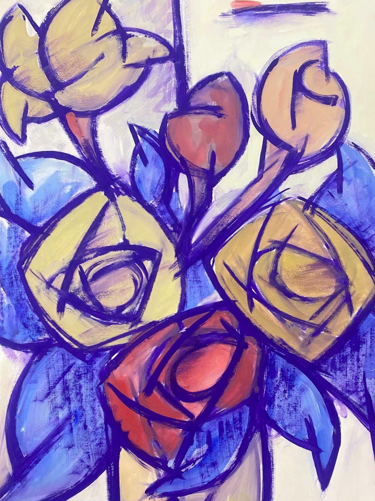 Unknownfrench Geometric Painting Of Purple Tulips In A Vase20th Century (1976) photo for sale
