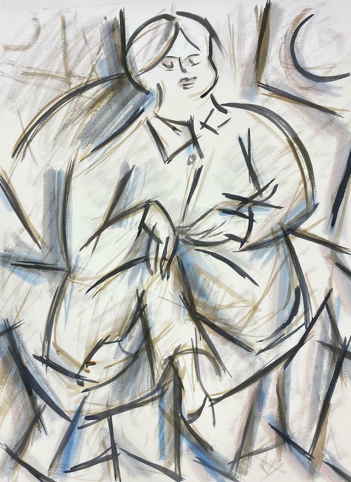 Paul Louis Bolot (French 1918 2003)french Modernist Painting Of A Blue Geometric Style Portrait20th Century