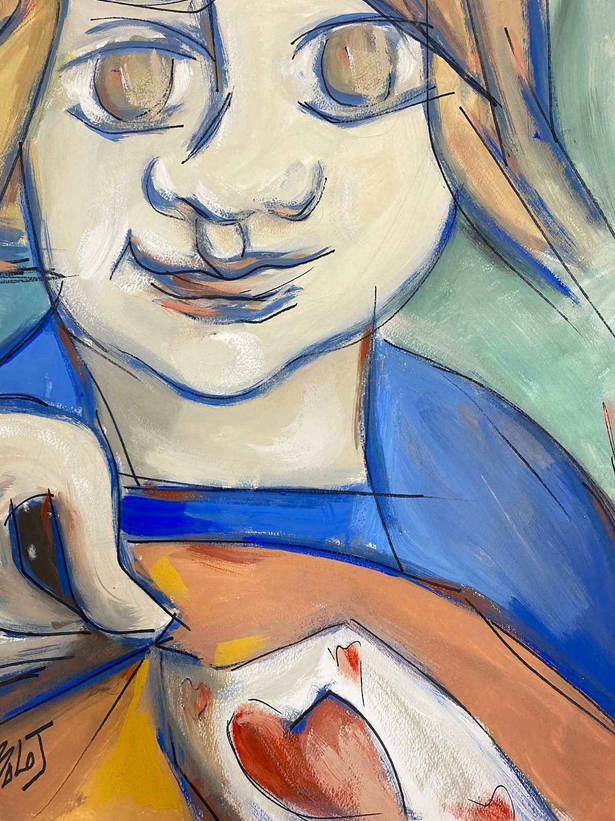 Paul Louis Bolot (French 1918 2003)French Modernist Portrait Painting Of A Young Girl Playing Cards20th Century (1971) photo for sale