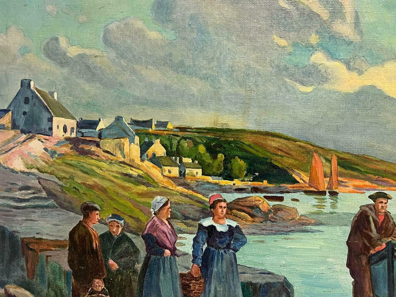 French Schoolantique Breton Fishing Scene French Oil Painting On Canvas Fishermen & Women photo for sale