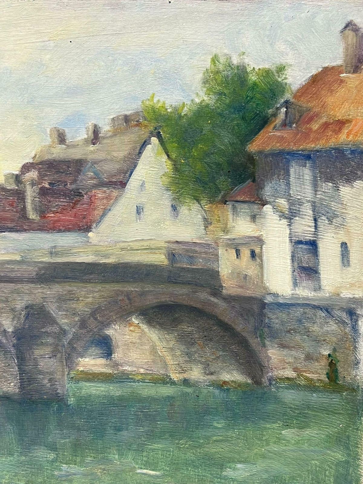 Regine Davidmid 20th Century 1950's French Oil Old French Town With Arched Stone Bridge1950's photo Art