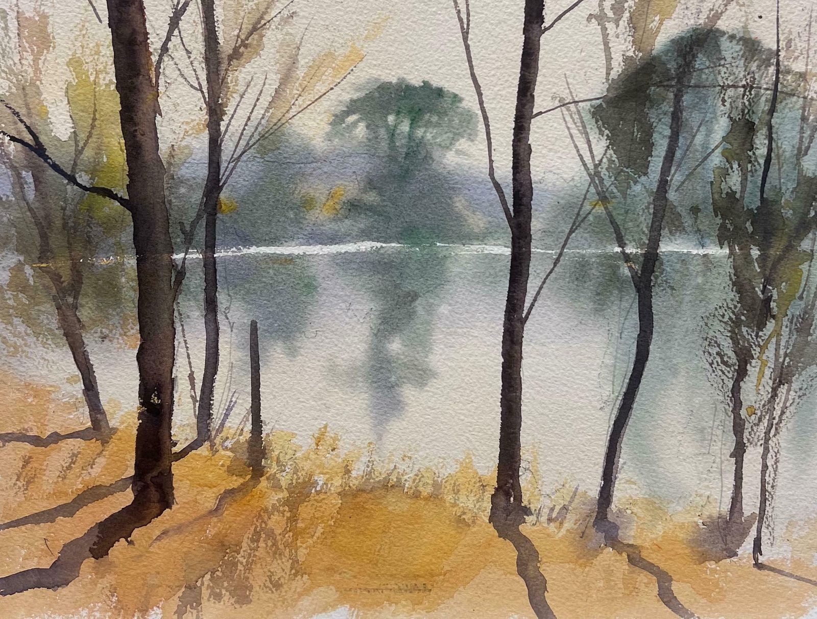 Anthony Averybritish Original Impressionist Watercolor Atmospheric Misty Lake Woodland View