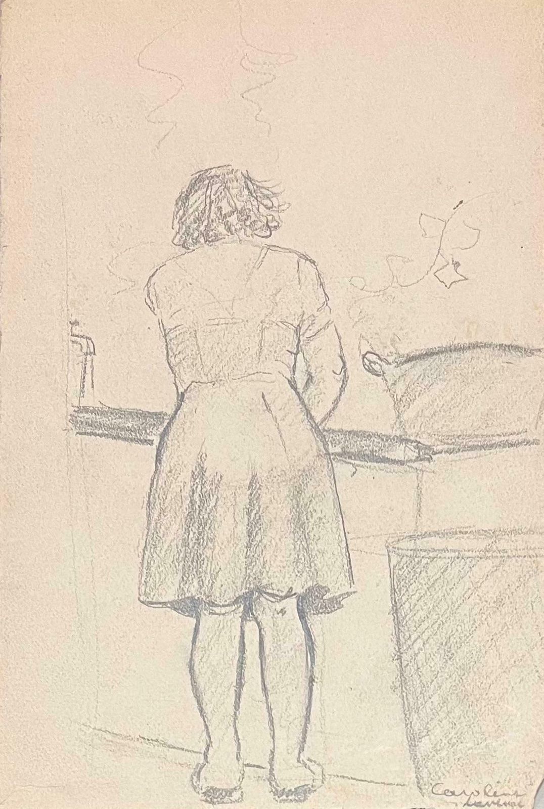 Josine Vignonmid Century French Pencil Drawings Of A Woman Cooking In A Kitchen1950's