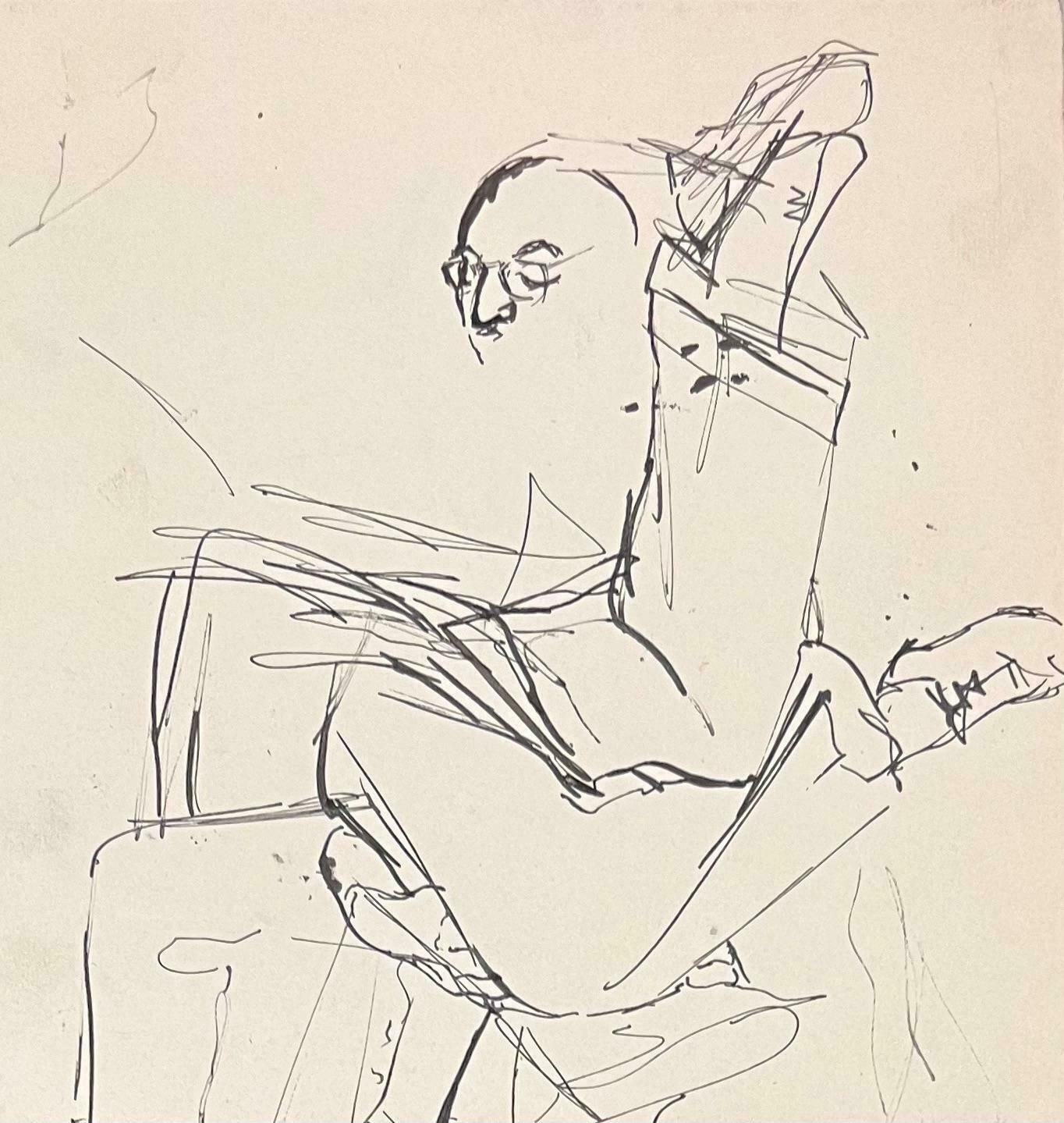 Josine Vignonmid Century French Abstract Sketch Of A Seated Figure With Glasses 1950's