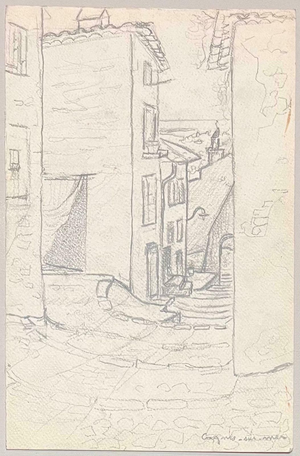 Josine Vignonmid Century French Pencil Drawings Of A Narrow Street In Cagnes Sur Mer1950's photo furniture