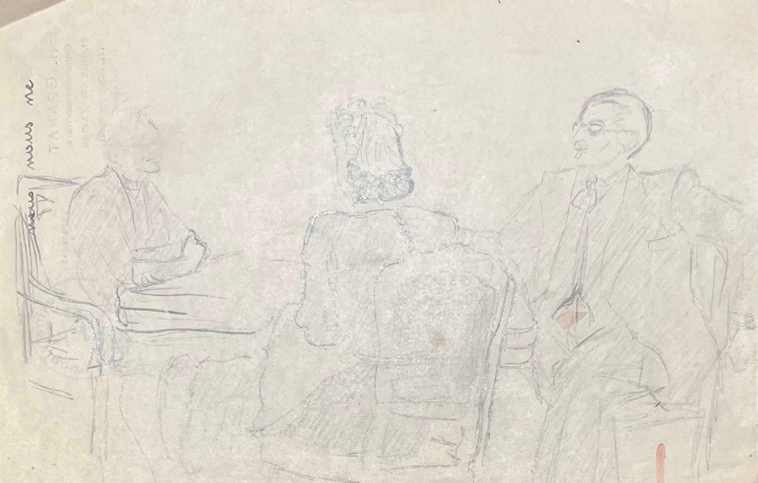 Josine Vignonmid Century French Elegant Pencil Drawing Of Three Figures In Conversation1950's