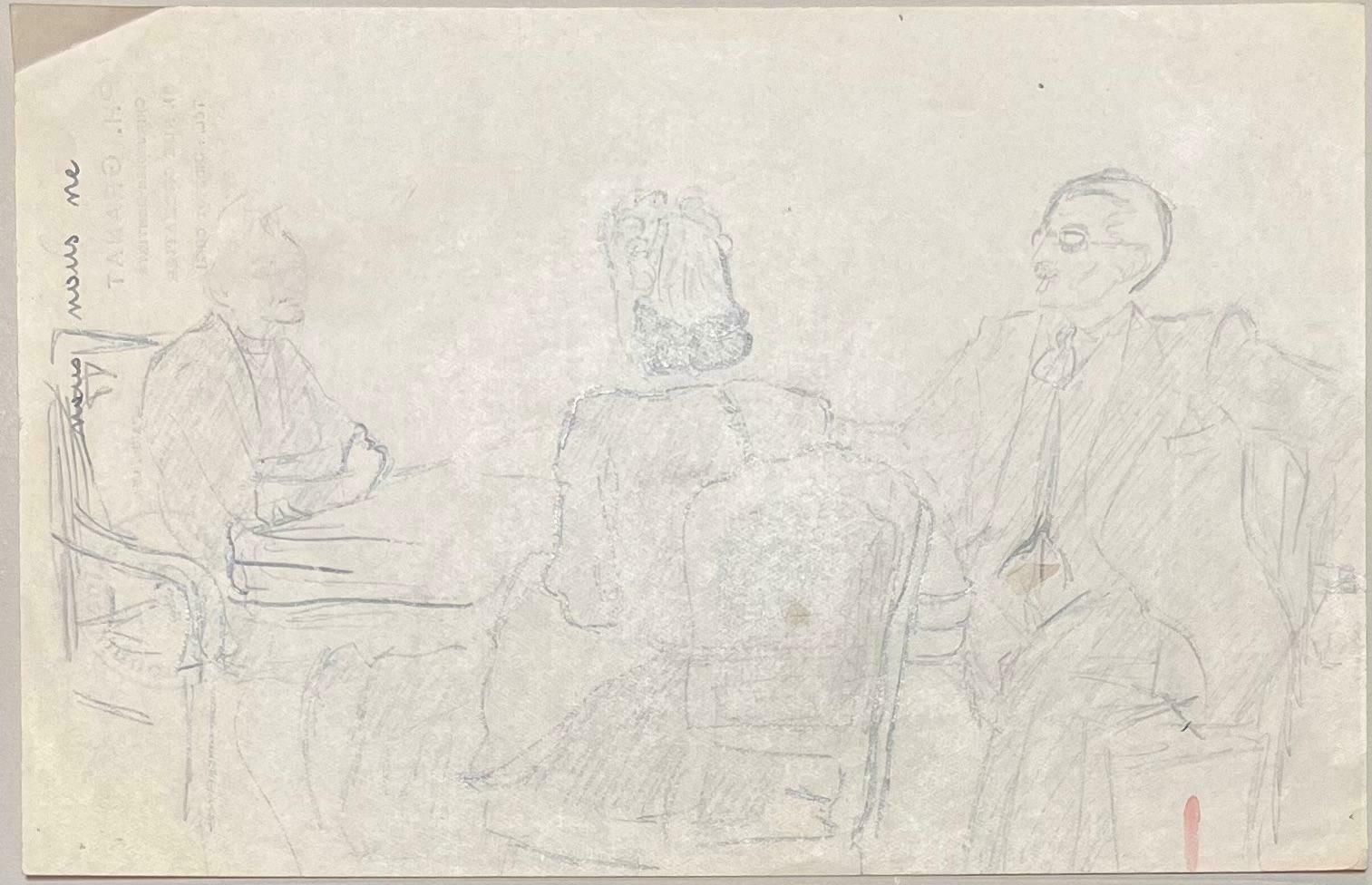 Josine Vignonmid Century French Elegant Pencil Drawing Of Three Figures In Conversation1950's photo furniture