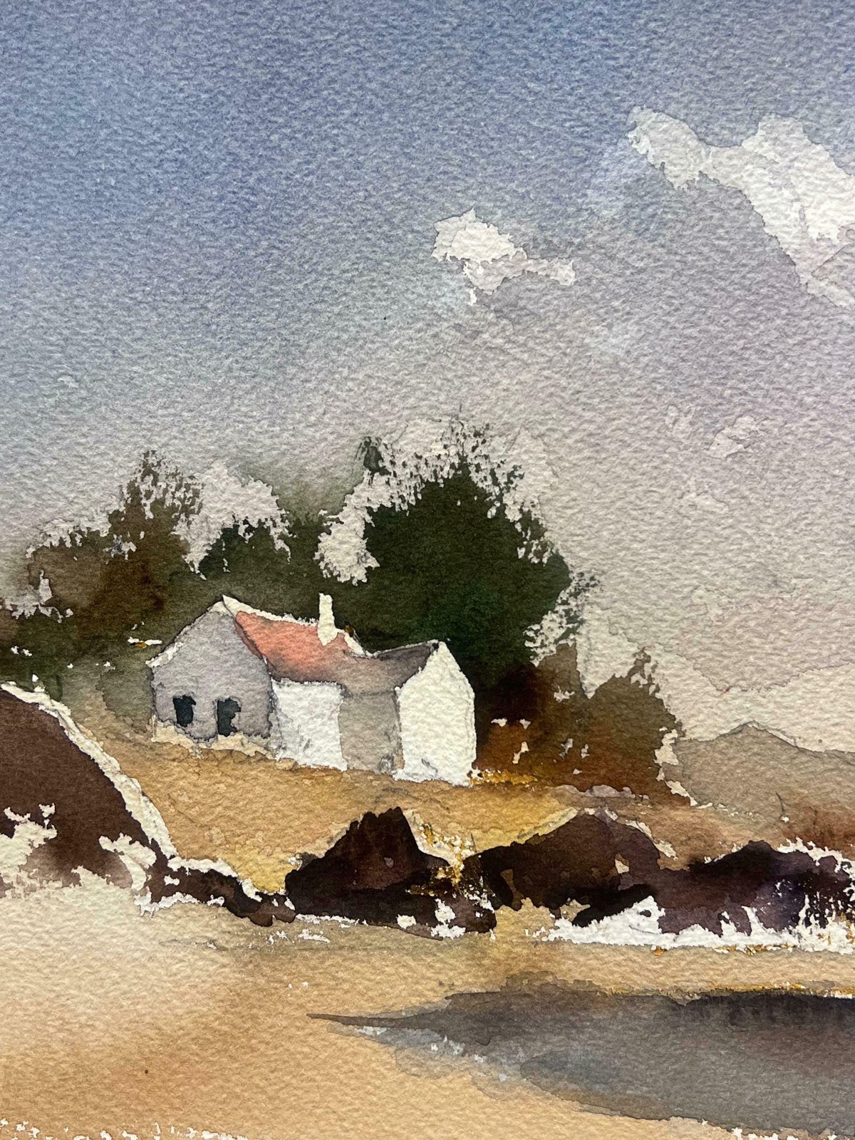 Anthony Averybritish Impressionist Watercolor White Coastal House Overlooking The Sea photo for sale