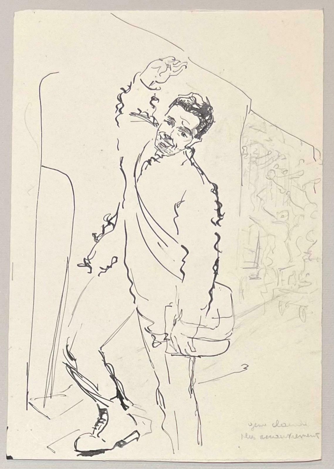 Josine Vignonmid Century French Expressive Ink Illustration Of A Man Standing 1950's photo furniture