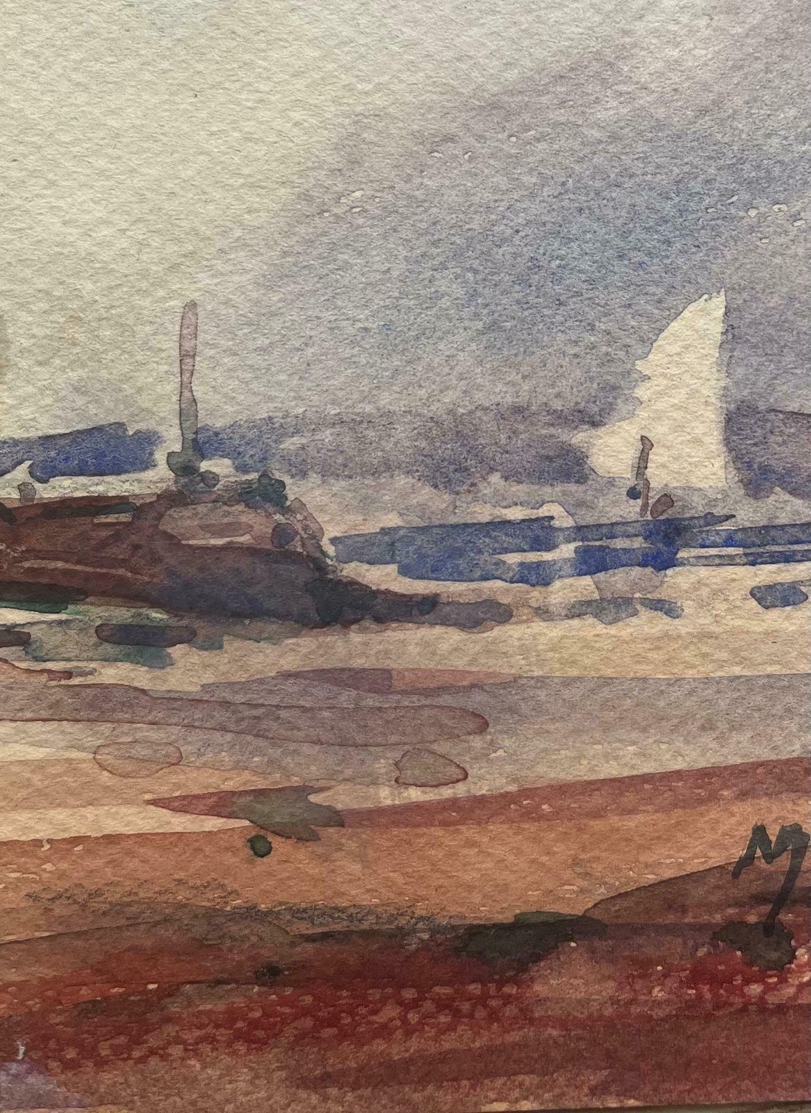 Maurice Mazeiliefrench Impressionist Watercolor Of Coastal Harbour Scene With Sailboat20th Century photo for sale