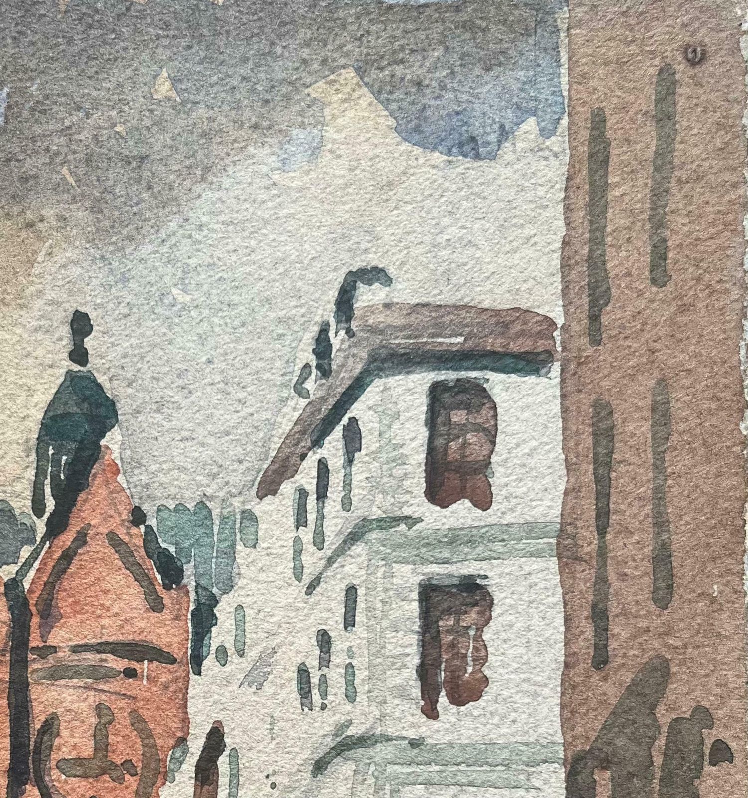 Maurice Mazeiliefrench Impressionist Watercolor Of Street Scene With Prominent Red Brick Church 20th Century photo Art