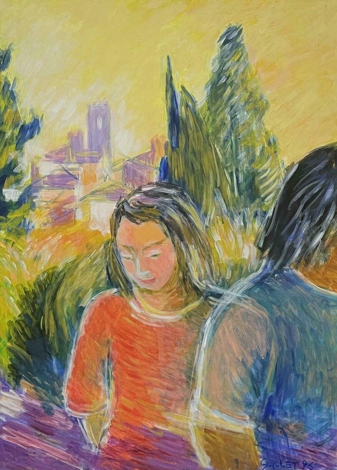 Jostne Galletfrench Modernist Signed Oil, Figures In Golden Green Landscape