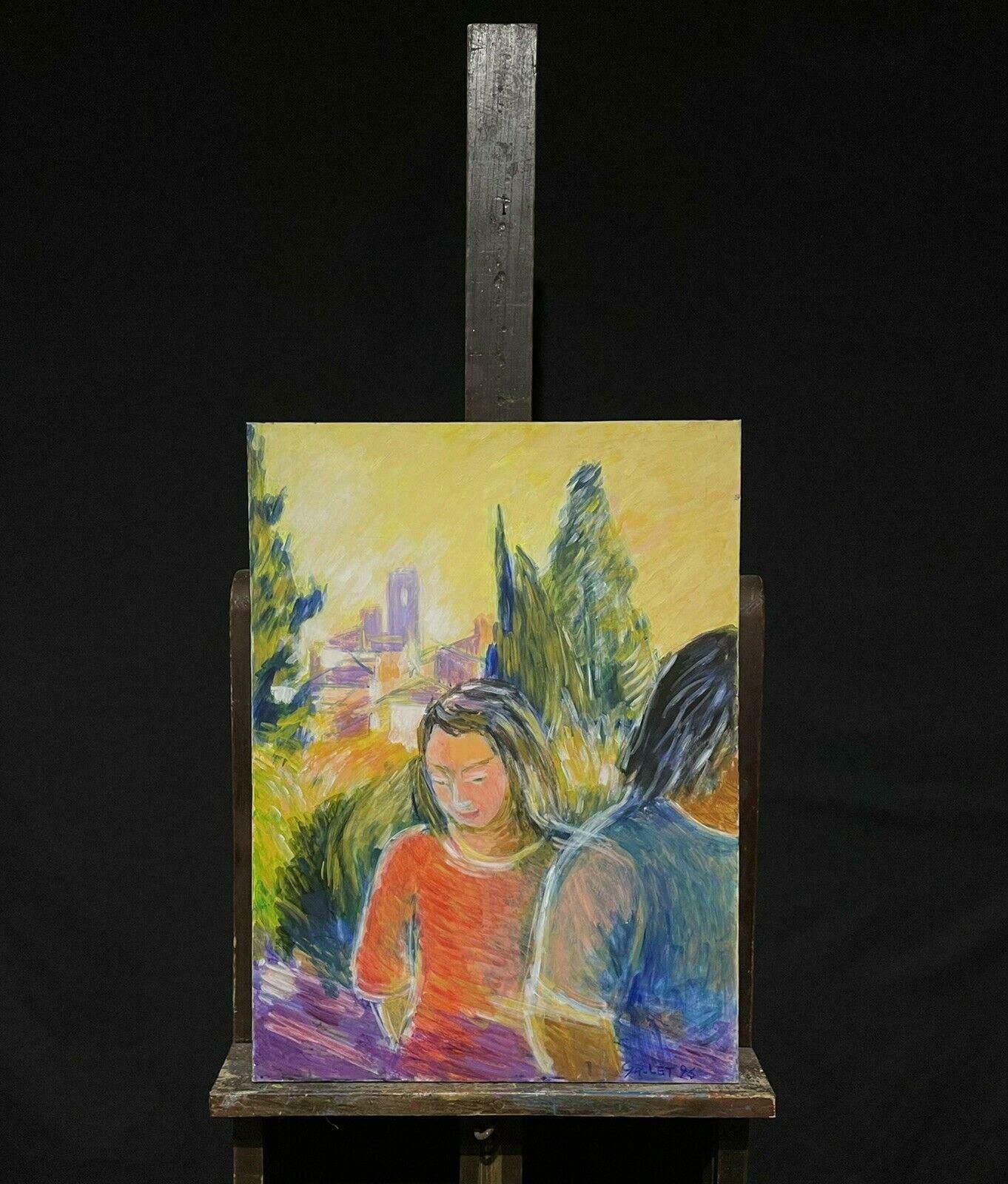 Jostne Galletfrench Modernist Signed Oil, Figures In Golden Green Landscape photo furniture