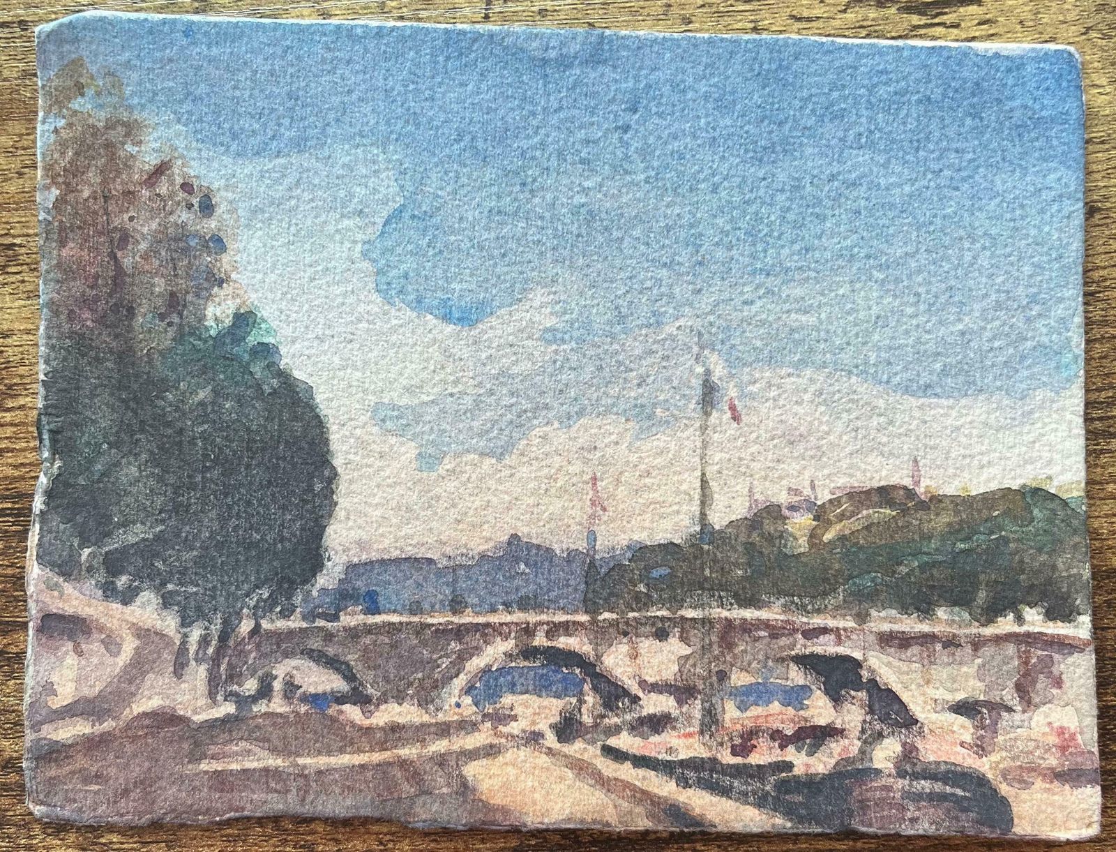 Maurice Mazeiliefrench Impressionist Watercolor Of Serene Moment Along The Seine River20th Century photo furniture