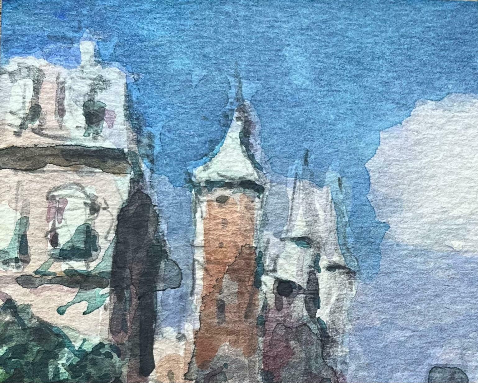 Maurice Mazeiliefrench Impressionist Watercolor Parisian Bridge And Towers With Pointed Spires20th Century photo Art