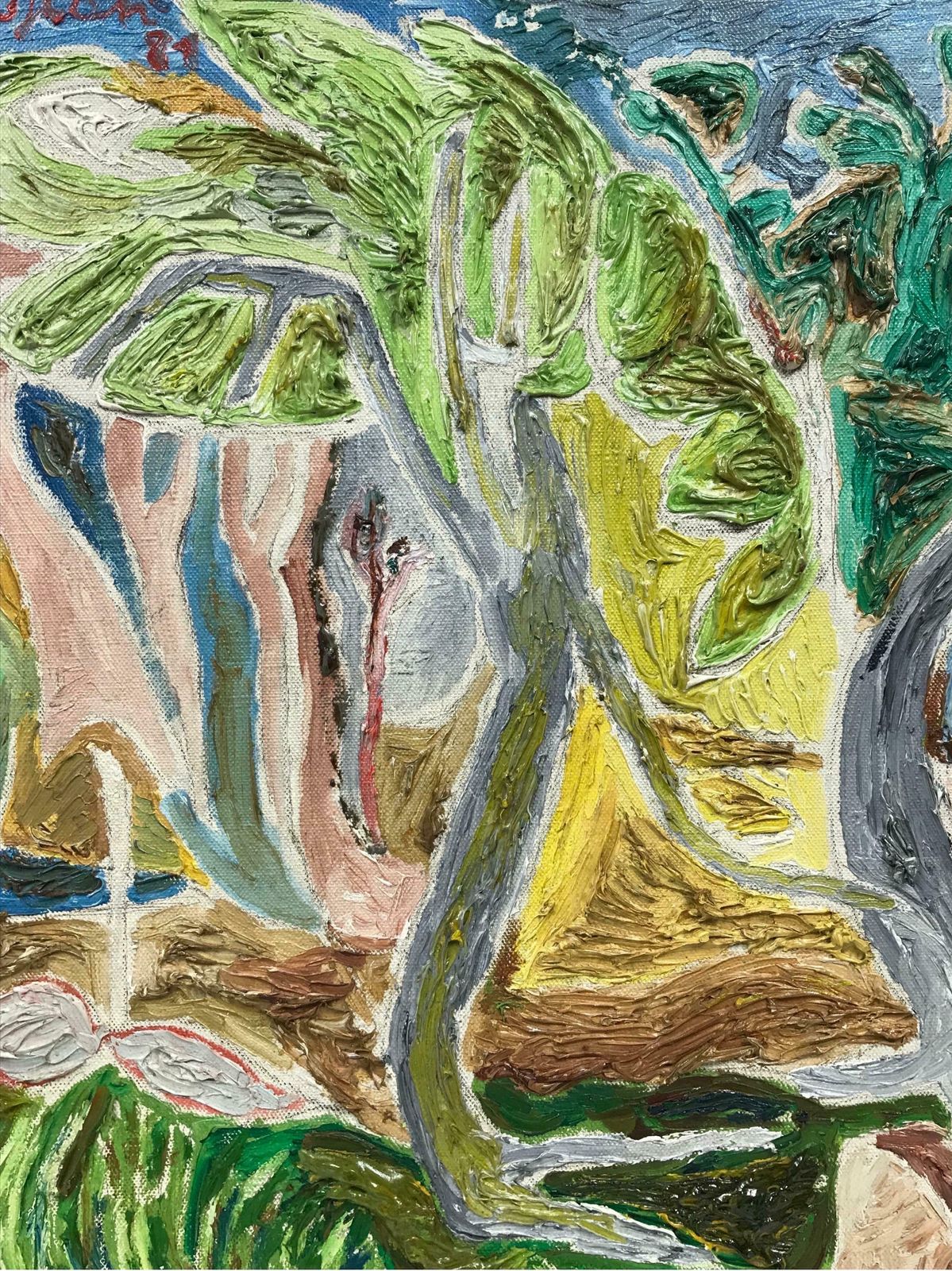 20th Century French School1980's French Abstract Geometric Green And Yellow Landscape, Signed & Dated photo for sale